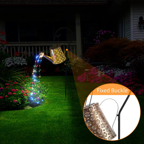 Solar Outdoor Garden Lantern Lights With 80 Color LED, bronze watering can design illuminating garden pathway at night