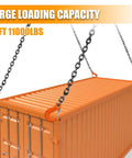 Rock Solid Heavy Hitter 4 Way Chain Lifting Sling With Grab Hooks 10 Feet Long 5/16 Inch Diameter 11000 Lb Capacity lifting an orange container.