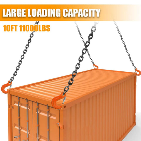 Rock Solid Heavy Hitter 4 Way Chain Lifting Sling With Grab Hooks 10 Feet Long 5/16 Inch Diameter 11000 Lb Capacity lifting an orange container.