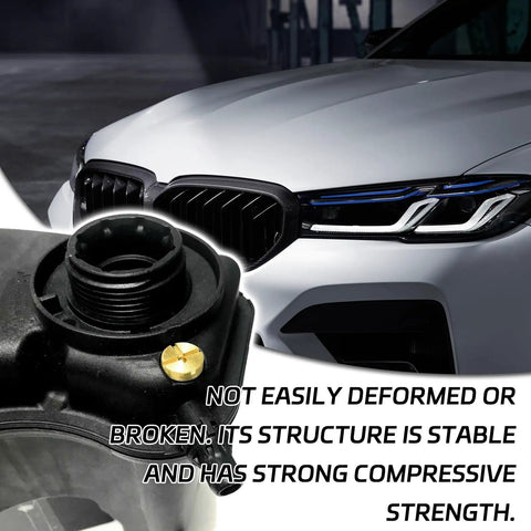 Premium Brass Radiator Coolant Expansion Tank Bleeder Screw With Heavy Duty Rubber O Ring Direct Drop In Swap Replacement For Oem 17111712788 Compatible With Bmw X3 X5 Z3 Z4 No Sweat Install close-up showing brass bleed valve and BMW front.