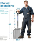Man holding a Wide 10-Tine Pitch Fork For Gardening And Farm Cleanup Heavy Duty Manure And Mulch Fork With Fiberglass Handle 45 Inch Tine Head