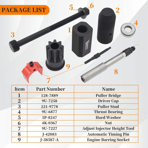 Heavy Duty Injector Sleeve Removal and Installer Kit With Timing Pin and Injector Height Tool Plus Engine Barring Socket For CAT Caterpillar 3406E C15 C16 Diesel Engines Built Tough components display