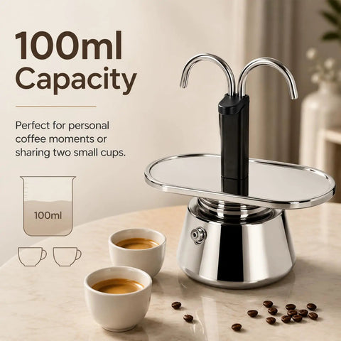 Heavy Duty Stainless Steel Moka Pot For Two With Dual Spout Stovetop Espresso Maker, 100ml capacity, two espresso cups on table.