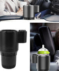 Smart 2 In 1 Car Cup Cooler And Warmer Perfect Tumbler Holder in black, designed for beverages, shown in car setting.