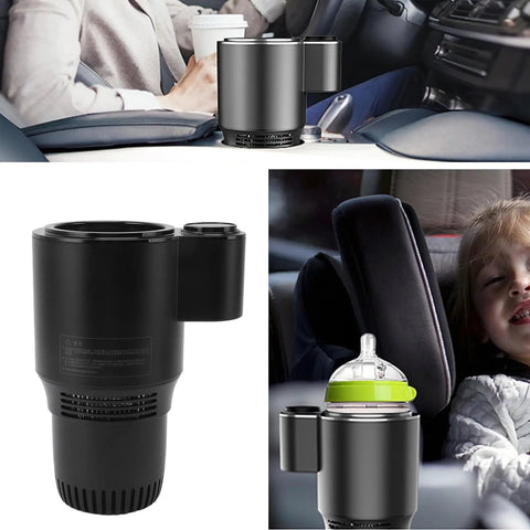 Smart 2 In 1 Car Cup Cooler And Warmer Perfect Tumbler Holder in black, designed for beverages, shown in car setting.