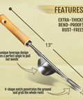 Manual Hand Weeder With Bend-Proof Leverage Base, 13-inch, Chrome Plated Steel, Wood Handle, Showing Features and Dimensions