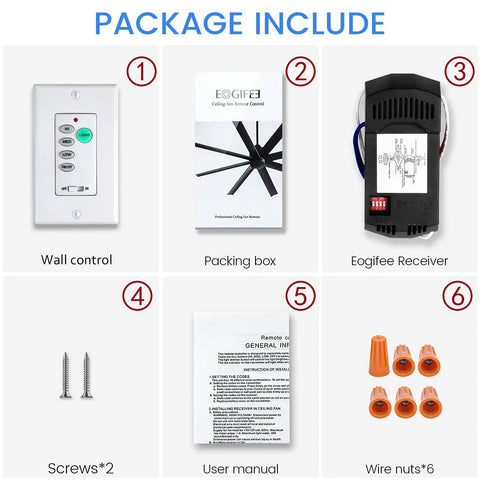 All In One Ceiling Fan Remote Control Kit With Light Dimmer And 3 Speed Control package includes wall control, receiver, accessories.