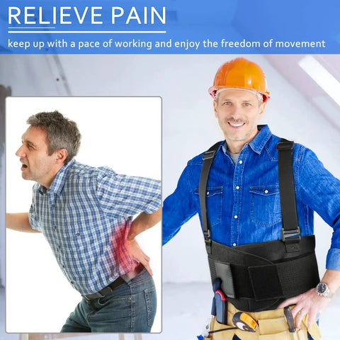 Heavy Duty Lumbar Back Brace With Four Flexible Orthopedic Stays For Killing Lower Back Pain showing a man in work attire.