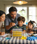 Family experimenting with All In One 21 Piece Plastic Test Tubes Kit With Corks And Stand 10Ml Tubes for DIY projects on a table.