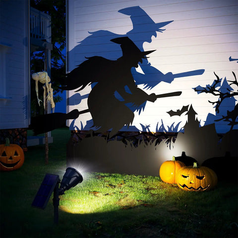 Solar Powered Outdoor Spot Lights 600LM Waterproof Flood Lights For Driveway with witch shadow on house wall