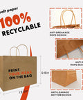 Go-To Custom Kraft Paper Bags With Handles, 100 Pack, 12.6 Inches By 4.3 Inches By 9.8 Inches, Dual Sided Printing For Names Or Logos, Ideal For Party Favors, Gifts, Merchandise, And Shopping Bags, anti-breakage rope design