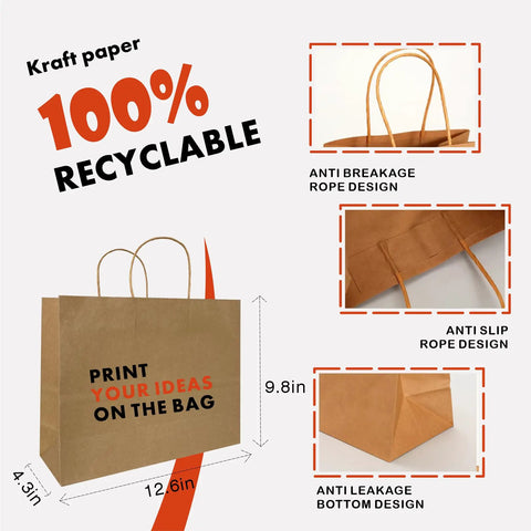 Go-To Custom Kraft Paper Bags With Handles, 100 Pack, 12.6 Inches By 4.3 Inches By 9.8 Inches, Dual Sided Printing For Names Or Logos, Ideal For Party Favors, Gifts, Merchandise, And Shopping Bags, anti-breakage rope design