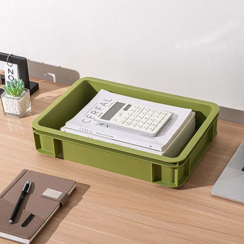 Heavy Duty Stackable Plastic Storage Bin For Kitchen, Bathroom, Office And Camping, Multi Purpose Organizer Tote, Undersink Cabinet Storage, Built To Last With Reinforced Edges, Green 2L And 2S on office desk with papers.
