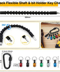 38 Piece Flexible Drill Bit Extension Set With 105 Degree Right Angle Drill Bit Holder Hex Socket Adapters shown with keychain