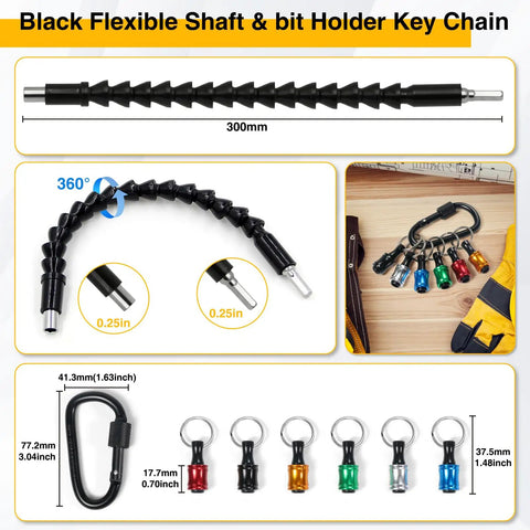 38 Piece Flexible Drill Bit Extension Set With 105 Degree Right Angle Drill Bit Holder Hex Socket Adapters shown with keychain