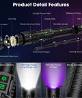 Exploded view of Rechargeable UV Blacklight Flashlight With High Lumens For Pet Pee Detection and Resin Curing Zoomable Waterproof Tactical LED Light