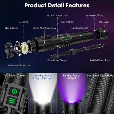 Exploded view of Rechargeable UV Blacklight Flashlight With High Lumens For Pet Pee Detection and Resin Curing Zoomable Waterproof Tactical LED Light
