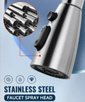 Built Tough Stainless Steel Kitchen Faucet Head Replacement With Three Smooth Spray Modes and Nine Easy Click Adapters, close-up of nozzle.