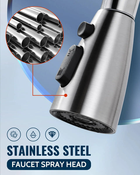 Built Tough Stainless Steel Kitchen Faucet Head Replacement With Three Smooth Spray Modes and Nine Easy Click Adapters, close-up of nozzle.