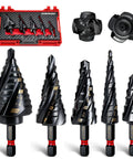 Step Drill Bit Set For Metal With Four Spiral Flute Bits 5-Piece 0.125 To 1.375 Inch Range AITIN Coated Hex Shank 0.25 Inch
