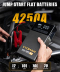 Person using X7 Jump Starter With Air Compressor And Auto Shutoff Tire Inflator, 4250A Peak, in car engine bay.