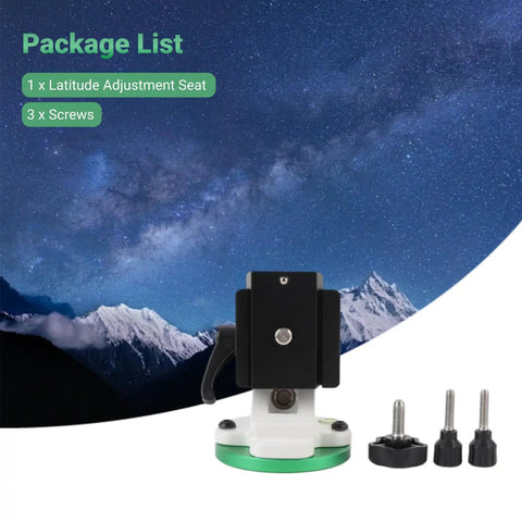 Adjustable Telescope Mount Seat And 90 Degree Equatorial Wedge Base with package list against starry night sky background