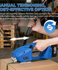 Handy Workhorse Semi Automatic Electric Strapping Machine Dual 4000mAh Batteries Manual Tensioning Control sealing a carton box.