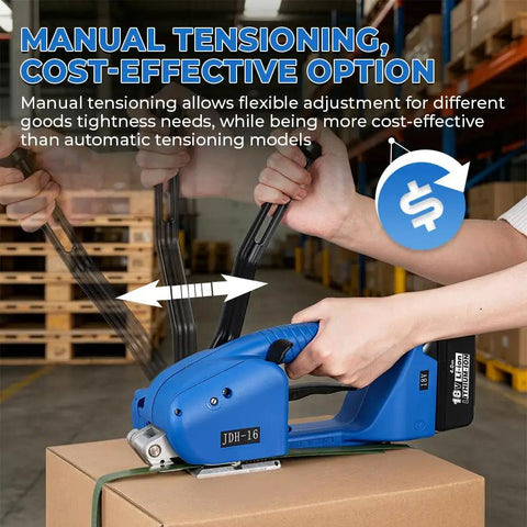 Handy Workhorse Semi Automatic Electric Strapping Machine Dual 4000mAh Batteries Manual Tensioning Control sealing a carton box.