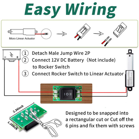 Wiring diagram for Tiny 2 Inch Stroke 12V DC Linear Actuator With Controller Kit 64N, includes circuit and switch setup.