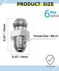 Grease fitting, 304 stainless steel, M6 x 1 thread; front view with 6-piece set and dust caps