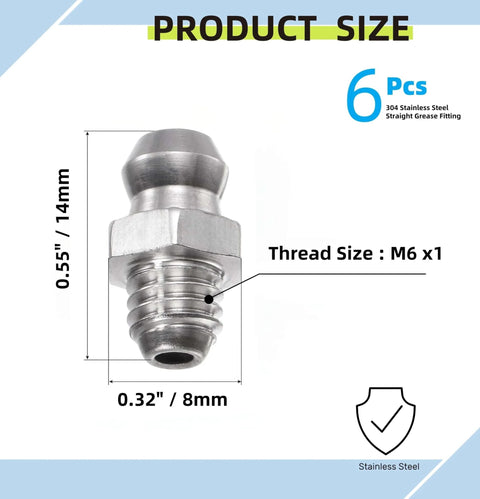 Grease fitting, 304 stainless steel, M6 x 1 thread; front view with 6-piece set and dust caps
