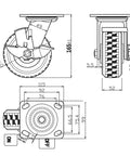 Hella Heavy Duty 5 Inch Caster Wheels Set of 4, Braked Swivel Casters technical drawing with dimensions and components.