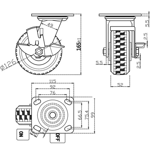 Hella Heavy Duty 5 Inch Caster Wheels Set of 4, Braked Swivel Casters technical drawing with dimensions and components.