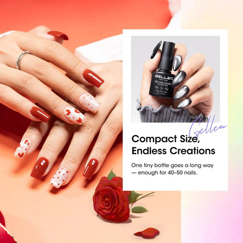 Red and heart-themed manicured nails with compact black gel polish bottle, part of 24 Piece Gel Nail Polish Set With 20 All Season Shades Plus Base Coat And Glossy Matte Cateye Top Coat Soak Off UV Cured Nail Kit For Women Ideal For Endless Nail Art And Seasonal Manicures