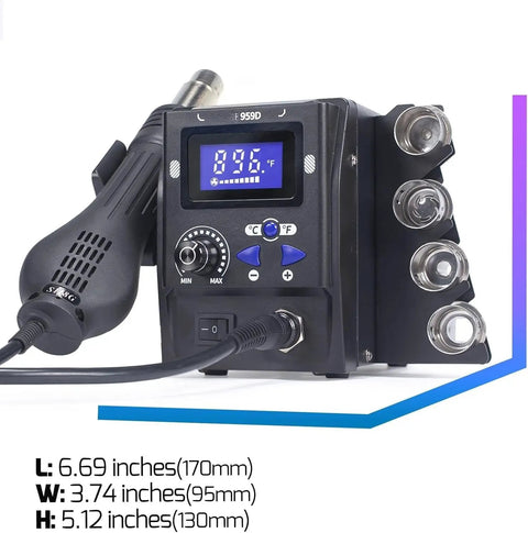 Portable Pro Grade Hot Air Rework Station for Mobile Phone Repair with Digital LED Display and three nozzles visible.