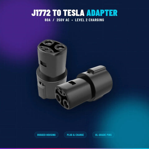 No Sweat Compact J1772 To Tesla Charging Adapter Compatible With Model 3 Y S X for Level 2 charging, featuring rugged housing and UL-grade pins.
