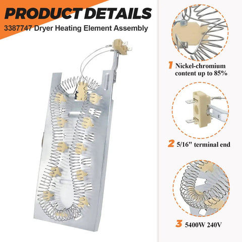 Upgraded 3387747 Dryer Heating Element Kit For Whirlpool Kenmore Elite He4 90 Series Replacement heating element with coil and housing