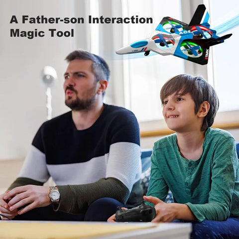 Father and son with Foam RC Planes With 1080P Camera For Kids And Adults Ages 8 To 16 Easy To Fly One Key Takeoff Lighted Jet.