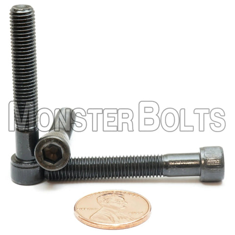 1/4-28 X 1-5/8 Inch Socket Head Cap Screws Heavy Duty Alloy Steel black oxide coated partial thread with a penny for size comparison.