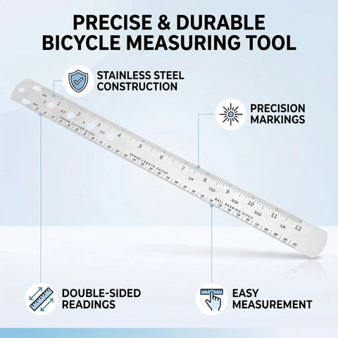 Top Shelf Stainless Steel Bike Spoke Length Gauge And Nipple Size Ruler For Cotter Pins And Bearings Dead On 360Mm double-sided workshop measuring tool with precision markings.