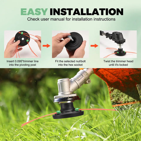 Universal Weed Eater Head With Fast Load Trimmer System No Fuss Install Includes Bolts And Nuts 12 0.095 Inch Trimmer Line installation sequence