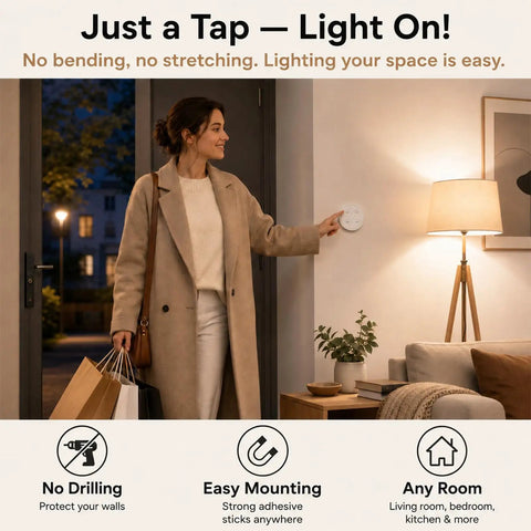 Woman using Wireless Outlet Kit With Ergonomic Round Remote And Magnetic Wall Base in living room