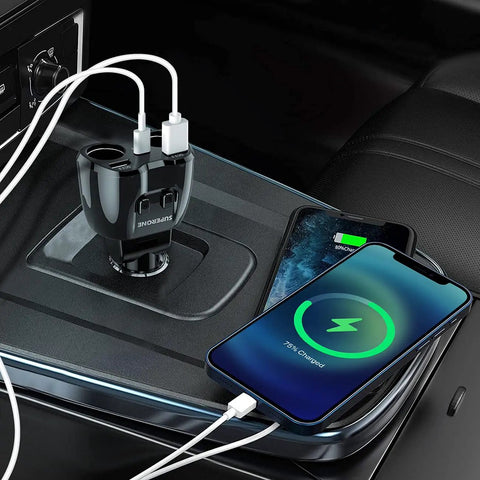 Beefed Up 180W Dual Cigarette Lighter Splitter With Independent Switches And Two Sockets QC3 And 20W PD USB C Car Charger in car