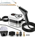 Heavy Duty 2500W Handheld Steam Cleaner With 4.5 Bar High Pressure showing the cleaner, hose, attachments, and control panel.