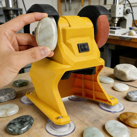 Depisuta Mini Bench Grinder 5500Rpm For 18-21V Li Ion Battery dual wheels with sanding disc in use on countertop.