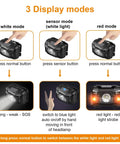 Three display modes of Two Pack Rechargeable Headlamp With 500 Lumens, Red Light Mode, Motion Sensor Switch, showing button actions.