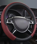 Rhombus Microfiber Leather Steering Wheel Cover Universal Fit For Car Suv Truck Van With Padded Sides And Slick Grip In Black And Burgundy close-up view of steering wheel