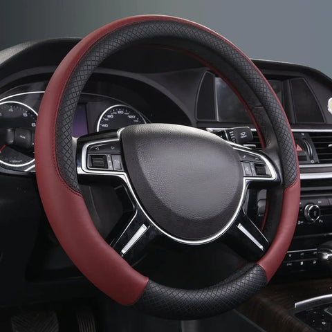 Rhombus Microfiber Leather Steering Wheel Cover Universal Fit For Car Suv Truck Van With Padded Sides And Slick Grip In Black And Burgundy close-up view of steering wheel