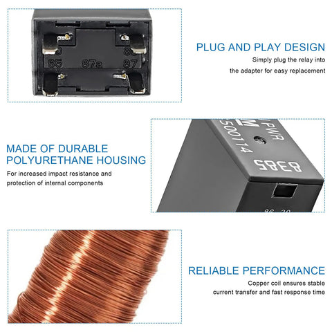 Close-up of Two Pack 12V Car AC Relay 40A 4 Pin Quick Connect High Power Auto Relay, showcasing plug and play design and copper coil.