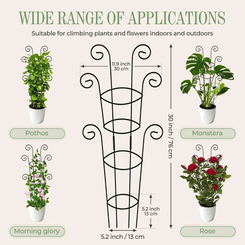 Diagram of Four Pack 30 Inch Tall Metal Plant Trellis for climbing plants indoor, suitable for pothos, monstera, rose, and morning glory.